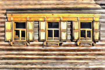 Traditional wooden house windows close up view