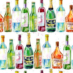 Seamless pattern of a champagne,cognac, wine, beer and glass. Painting of a alcohol drink .Watercolor hand drawn illustration.White background.