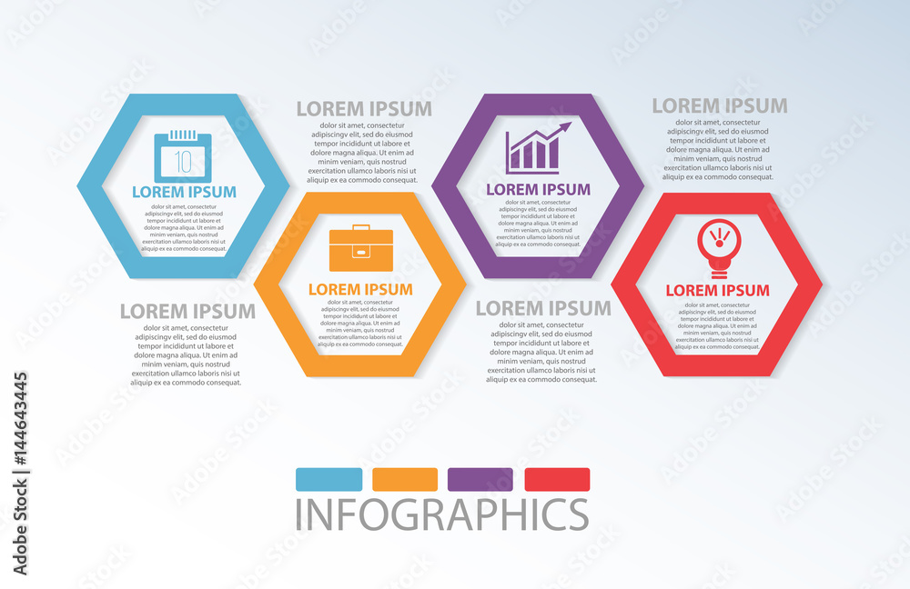 Fototapete vector illustration. template with 4 colored geometric shapes hexagons for infographics, business, p