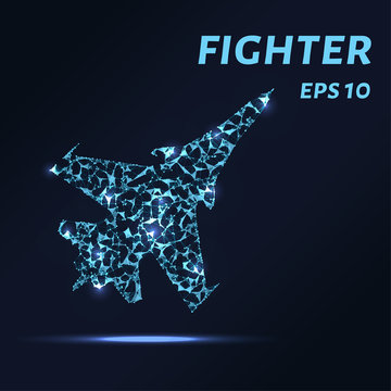 Fighter consists of points, lines and triangles. The polygon shape in the form of a silhouette of a fighter on a dark background Vector illustration.