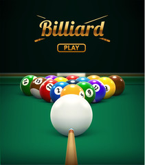 billiard table front view balls sport theme - obrazy, fototapety, plakaty