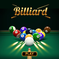 billiard table front view balls sport theme - obrazy, fototapety, plakaty