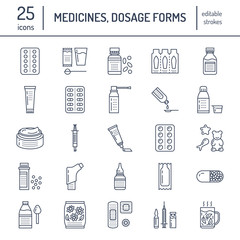 Medicines, dosage forms line icons. Pharmacy medicaments, tablet, capsules, pills, antibiotics, vitamins, painkillers, aerosol spray. Medical threatment health care thin linear signs for drug store