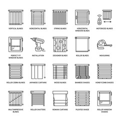 Window blinds, shades line icons. Various room darkening decoration, roller shutters, roman curtains, horizontal and vertical jalousie. Interior design thin linear signs for house decor shop. - obrazy, fototapety, plakaty