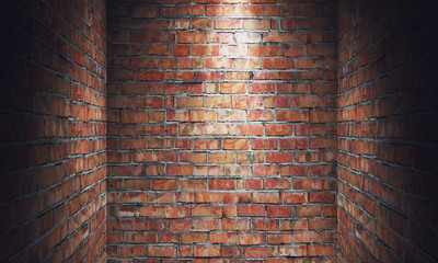 Empty grungy room with red brick wall dead end and spotlight. 3d rendering illustration - obrazy, fototapety, plakaty