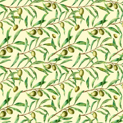 Watercolor seamless pattern with olive branches. Hand painted floral ornament with olive berry and tree branches with leaves. For design, print and fabric
