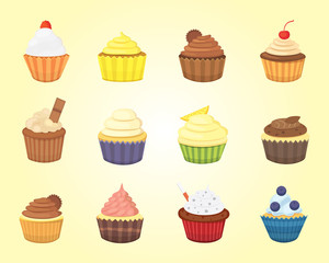 Set of cute vector cupcakes and muffins. Colorful cupcake isolated for food poster design.