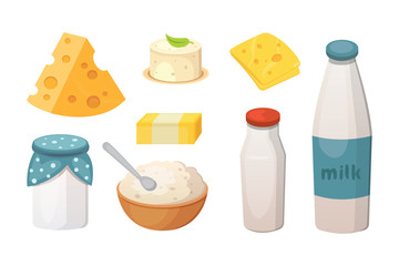 Fresh organic milk products set with cheese, butter, sour cream .