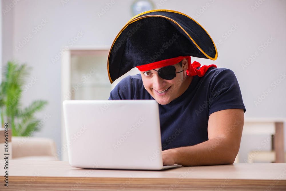 Poster digital security concept with pirate at computer