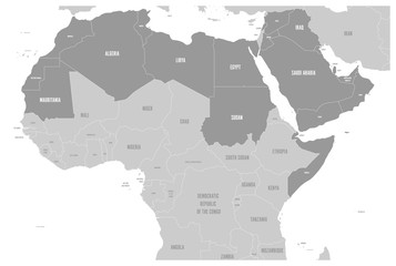 Arab World states political map with higlighted 22 arabic-speaking countries of the Arab League. Northern Africa and Middle East region. Vector illustration. © pyty