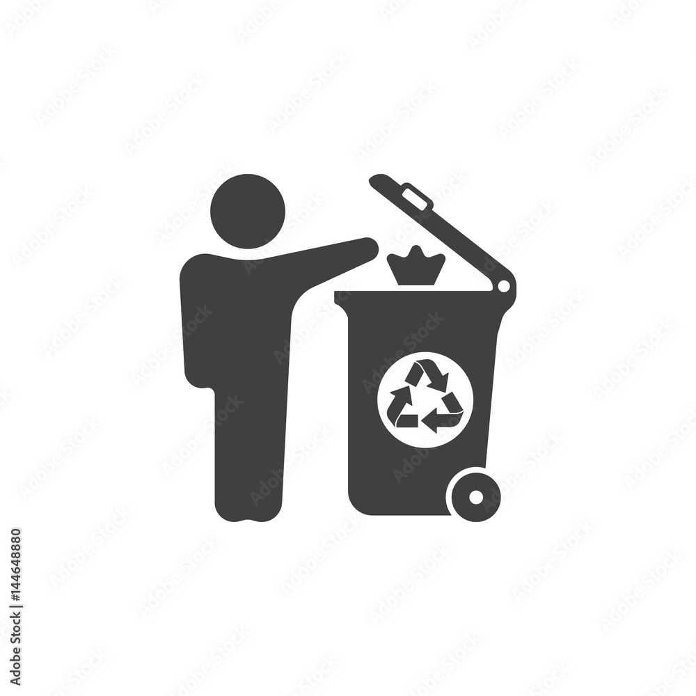 Poster man throwing garbage in bin. vector icon