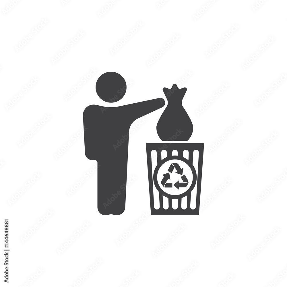 Poster man throwing garbage in bin. vector icon
