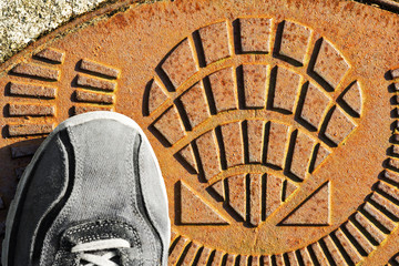 shell scallop sign in Way of St James , Camino de Santiago , Compostela, Galicia, Spain