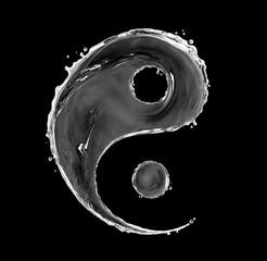 Sign of yin yang made with water splashes on black background - obrazy, fototapety, plakaty