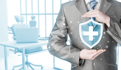 Health protection and insurance. Medical healthcare. Business in health safety. Office background.