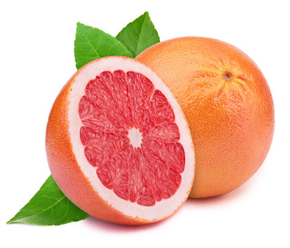 Perfectly retouched grapefruit with half slice and leaves isolated on white background with clipping path