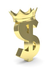 Isolated golden dollar sign with golden crown on white background. Concept of making profit, income. Currency sign. American money. 3D rendering.