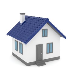 Isolated home with blue roof on white. 3D rendering.