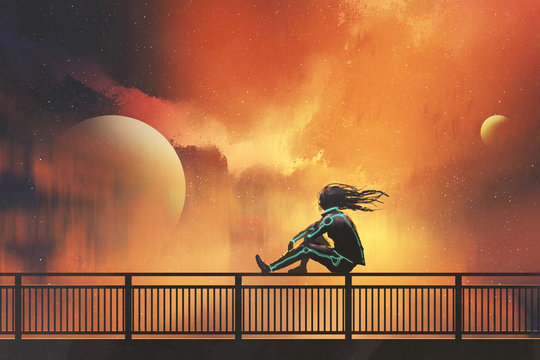 woman in futuristic suit sitting on railing looking at beautiful night sky, illustration painting