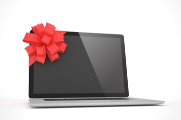 Laptop with red bow and black screen. 3D rendering.
