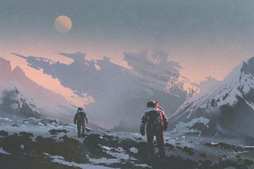 Fototapeta premium sci-fi concept of astronauts walking to derelict spaceship on alien planet, illustration painting