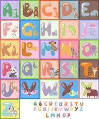 Cute zoo alphabet with cartoon animals isolated and funny letters wildlife learn typography cute language vector illustration.