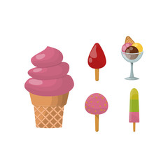 Set ice cartoon colorful cream dessert vector illustration chocolate food sweet cold isolated icon snack cone tasty fruit frozen candy collection