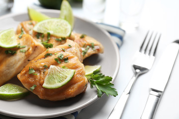Plate of delicious tequila lime chicken, closeup