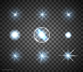 Set of Vector glowing light effect stars on transparent background. Transparent stars.