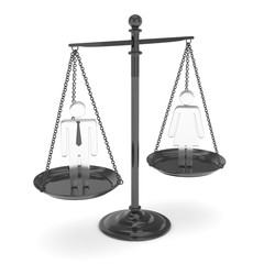 Isolated old fashioned pan scale with man and woman on white background. Gender inequality. Equality of sexes. Law issues. Silver model. 3D rendering.