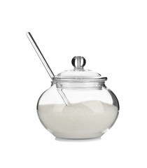 Sugar bowl with spoon on white background