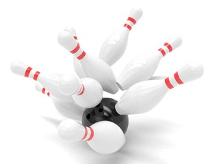 Bowling ball and skittles isolated. 3d rendering.