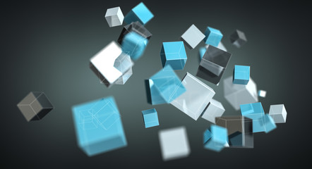 Floating blue shiny cube network 3D rendering