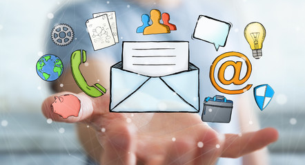 Businessman holding manuscript contact icon in his hand