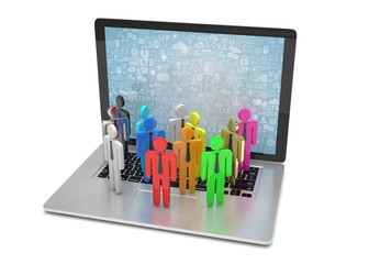 group of people figures on laptop, 3d render