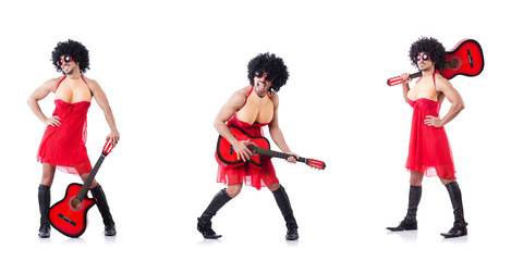 Man in woman clothing with guitar