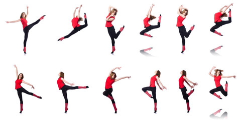 Young gymnast exercising on white