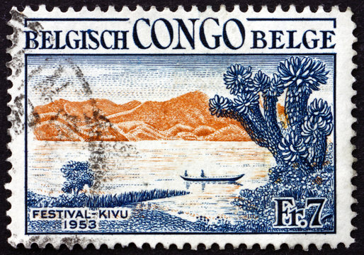Postage stamp Belgian Congo 1953 Canoe on Lake Kivu, Kivu Festival