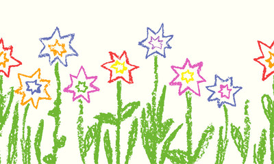 Wax crayon like kid`s hand drawn colorful star flowers with green grass. Seamless like child`s drawn flowers set. Cute painting spring and summer meadow. Vector pastel chalk background banner.