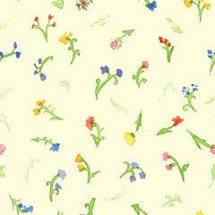 Seamless cute pattern of watercolor meadow, lowers on soft yellow color or beige. Hand painted background with wildflowers.