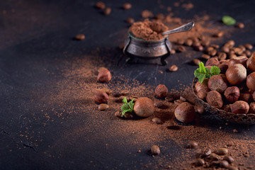 Hazelnut, coffee beans and cocoa powder in dark background.