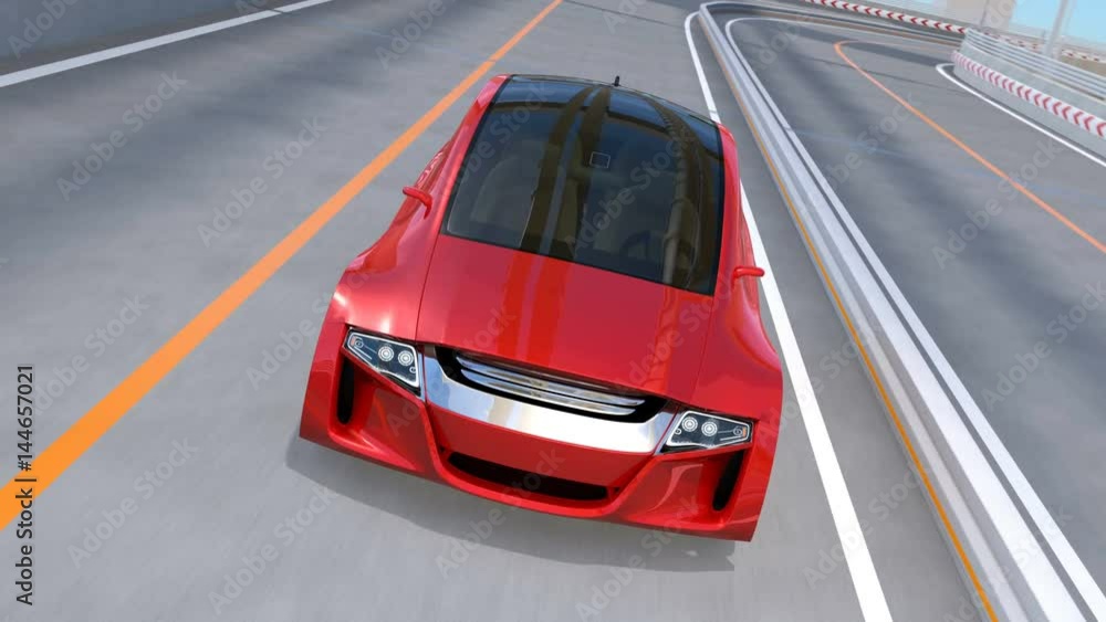 Aufkleber metallic red autonomous car driving on the highway with monorail on background. 3d rendering animati