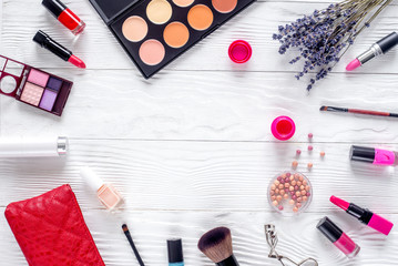 decorative cosmetics on woman desk background top view space for text