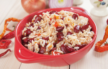 Cooked rice and beans
