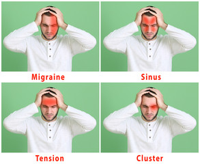 Young man with different types of headache on color background