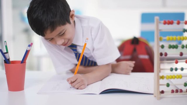  Portrait of happy little boy in classroom writing in exercise book
