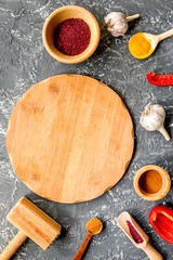 cooking tools in restoraunt concept on gray background top view