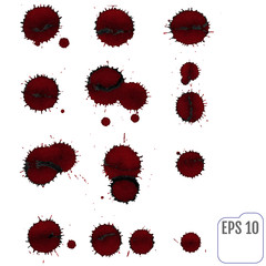 Vector red Ink stain, blots and splashes. Isolated Realistic paint drops, design elements.