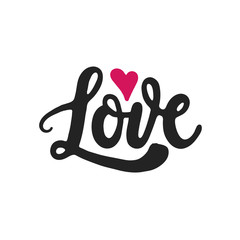 Love - hand drawn lettering with abstract pink heart. Doodle, graffiti word.
