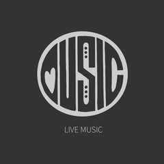 Music  - hand drawn lettering on dark background. Vector illustration.. Black card 